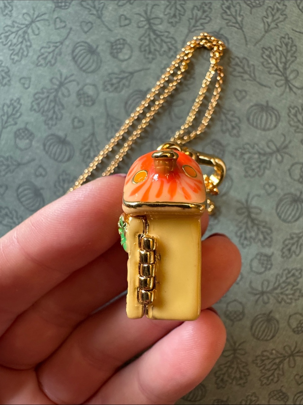 18K Gold Orange Mushroom House Cottagecore Pendant Locket Necklace - Picture 8 of 10
